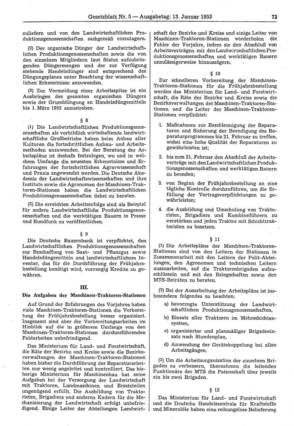 Gesetzblatt (GBl.) der Deutschen Demokratischen Republik (DDR) 1953, Seite 73 (GBl. DDR 1953, S. 73)