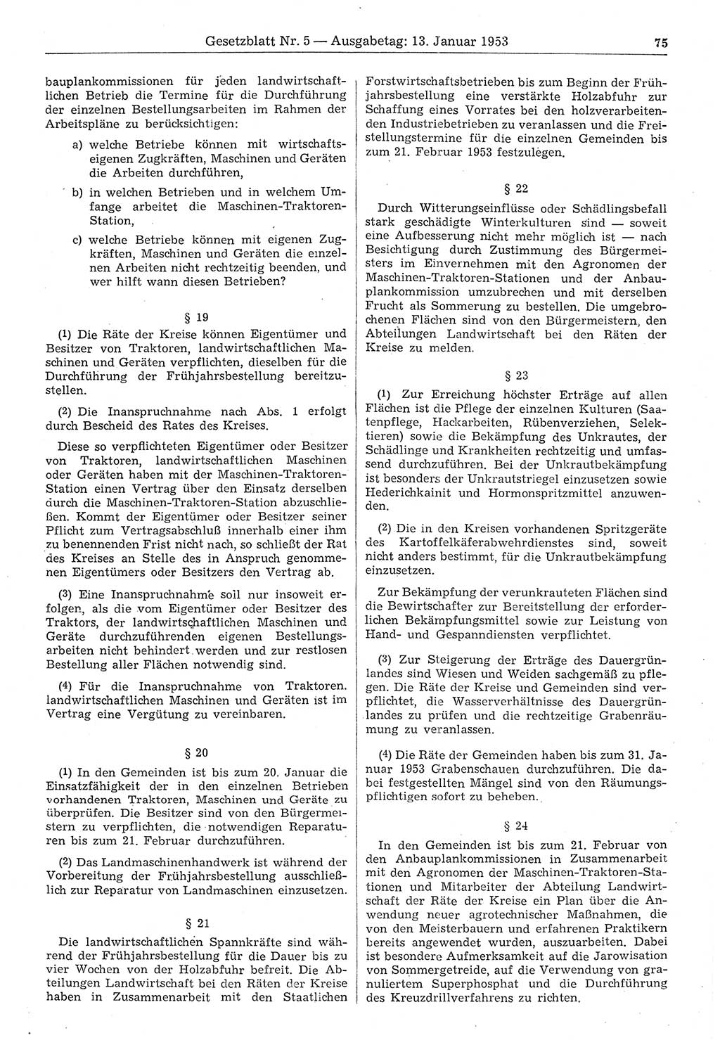 Gesetzblatt (GBl.) der Deutschen Demokratischen Republik (DDR) 1953, Seite 75 (GBl. DDR 1953, S. 75)