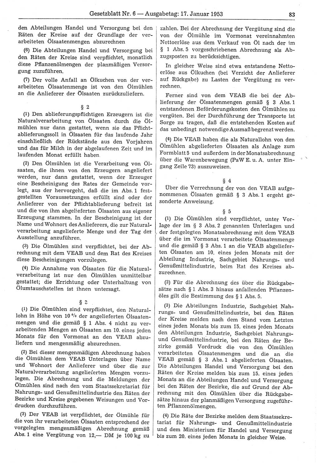 Gesetzblatt (GBl.) der Deutschen Demokratischen Republik (DDR) 1953, Seite 83 (GBl. DDR 1953, S. 83)