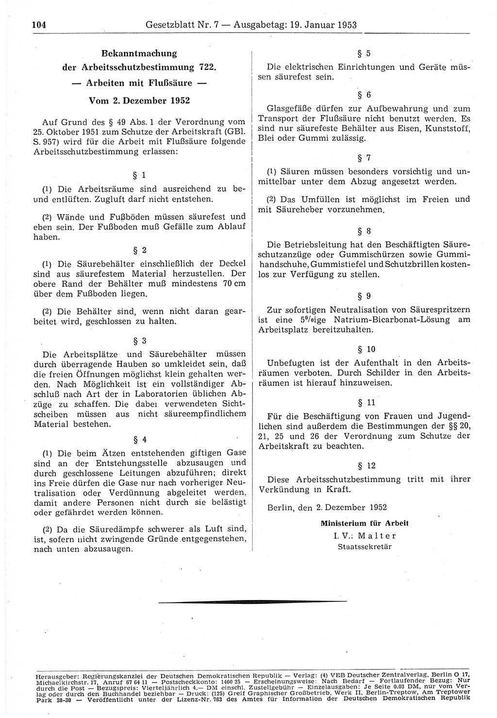 Gesetzblatt (GBl.) der Deutschen Demokratischen Republik (DDR) 1953, Seite 104 (GBl. DDR 1953, S. 104)