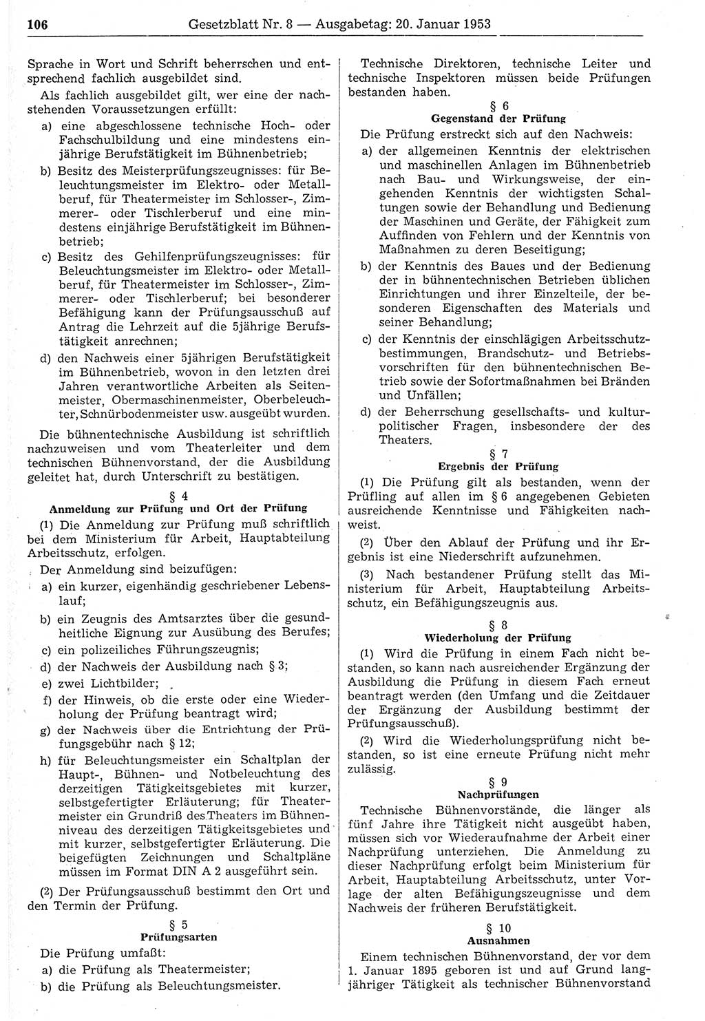 Gesetzblatt (GBl.) der Deutschen Demokratischen Republik (DDR) 1953, Seite 106 (GBl. DDR 1953, S. 106)