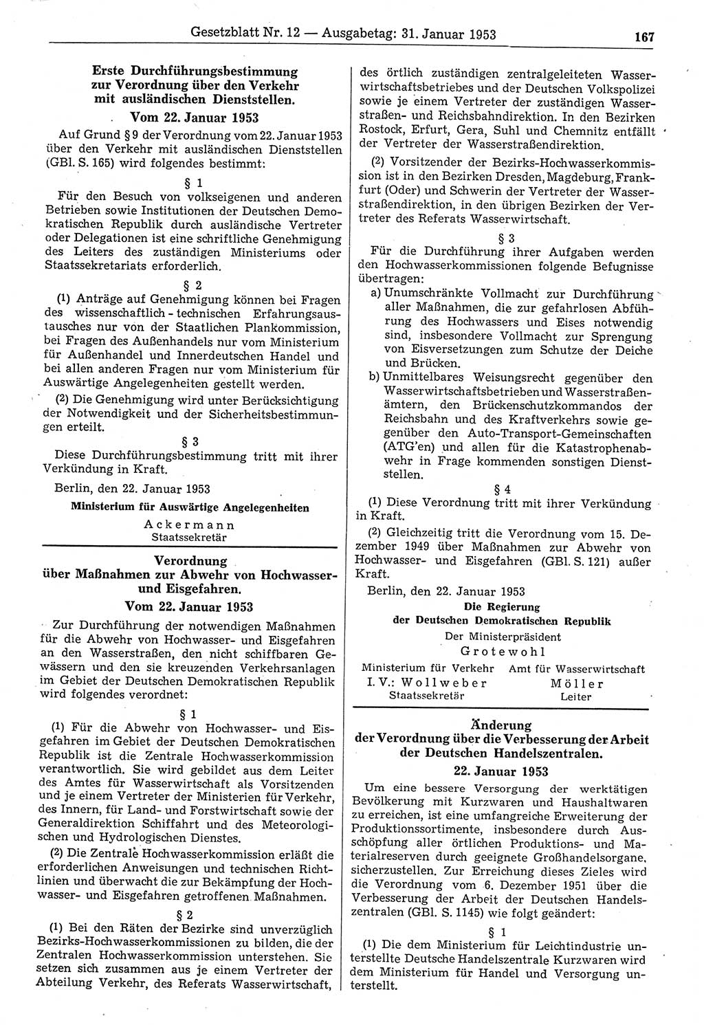 Gesetzblatt (GBl.) der Deutschen Demokratischen Republik (DDR) 1953, Seite 167 (GBl. DDR 1953, S. 167)