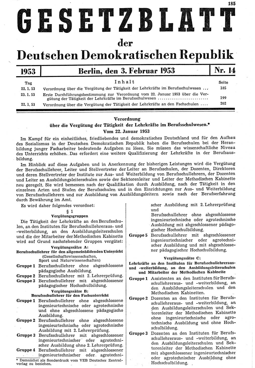 Gesetzblatt (GBl.) der Deutschen Demokratischen Republik (DDR) 1953, Seite 185 (GBl. DDR 1953, S. 185)