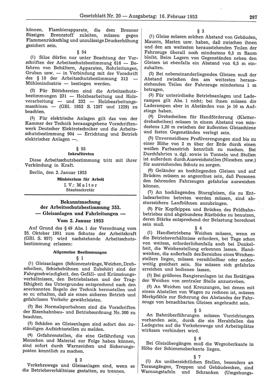 Gesetzblatt (GBl.) der Deutschen Demokratischen Republik (DDR) 1953, Seite 287 (GBl. DDR 1953, S. 287)