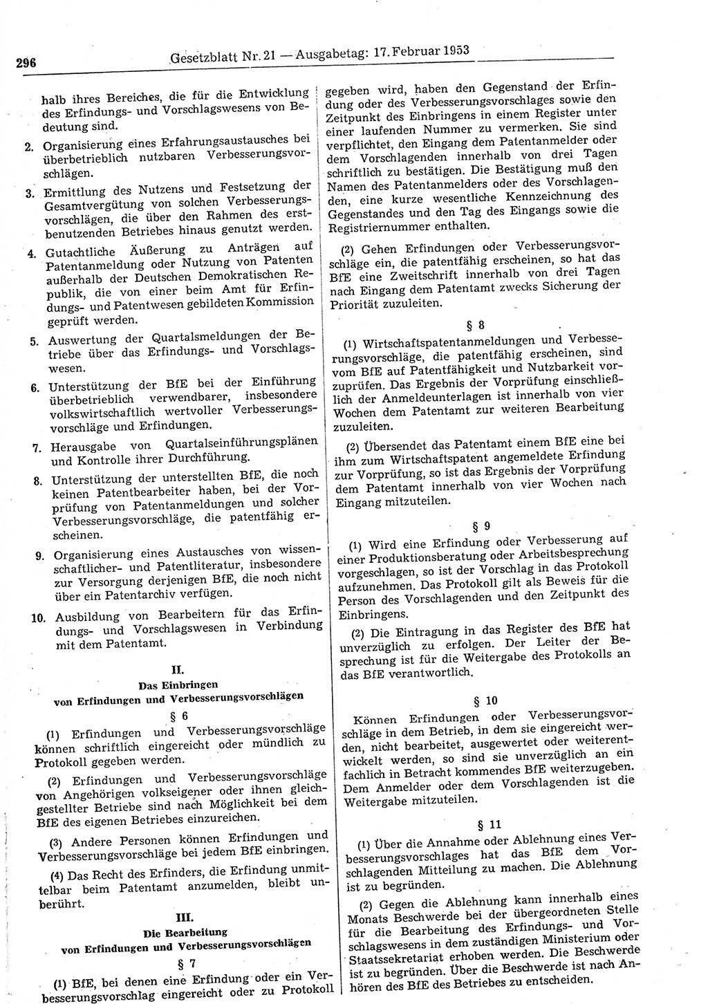 Gesetzblatt (GBl.) der Deutschen Demokratischen Republik (DDR) 1953, Seite 296 (GBl. DDR 1953, S. 296)