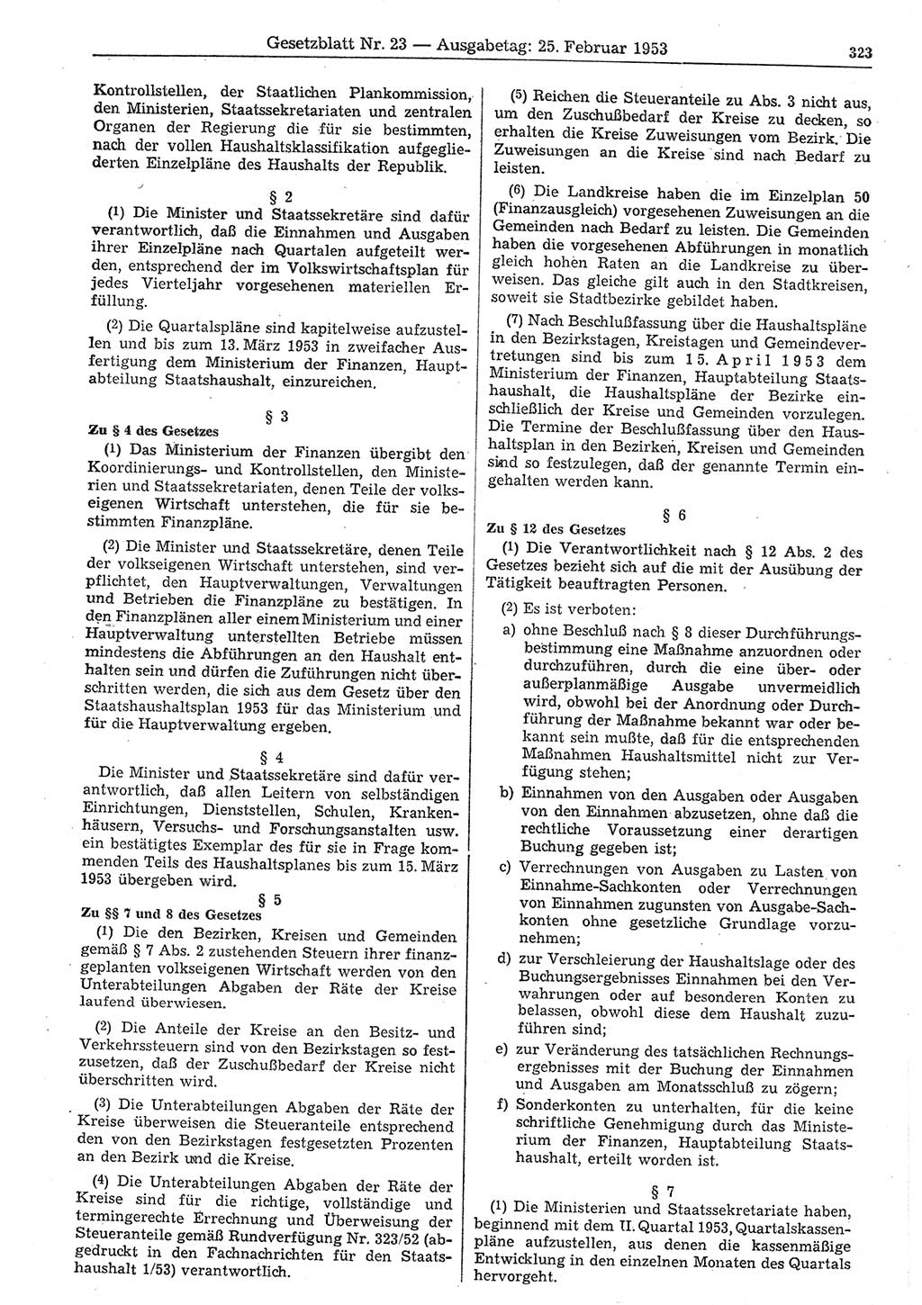 Gesetzblatt (GBl.) der Deutschen Demokratischen Republik (DDR) 1953, Seite 323 (GBl. DDR 1953, S. 323)