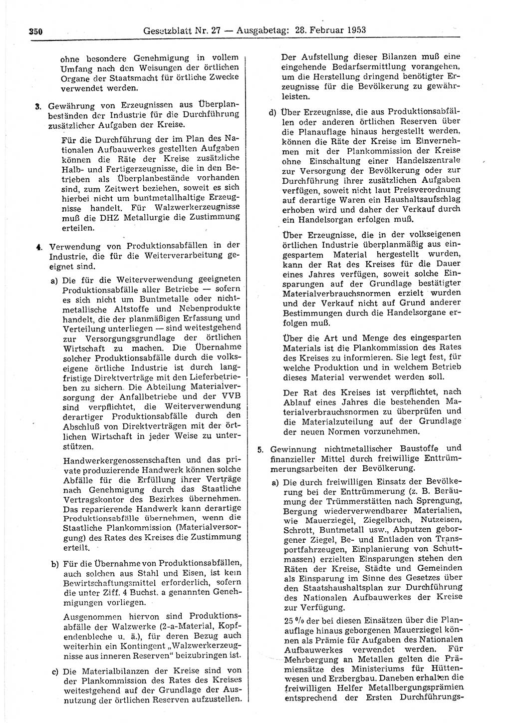 Gesetzblatt (GBl.) der Deutschen Demokratischen Republik (DDR) 1953, Seite 350 (GBl. DDR 1953, S. 350)