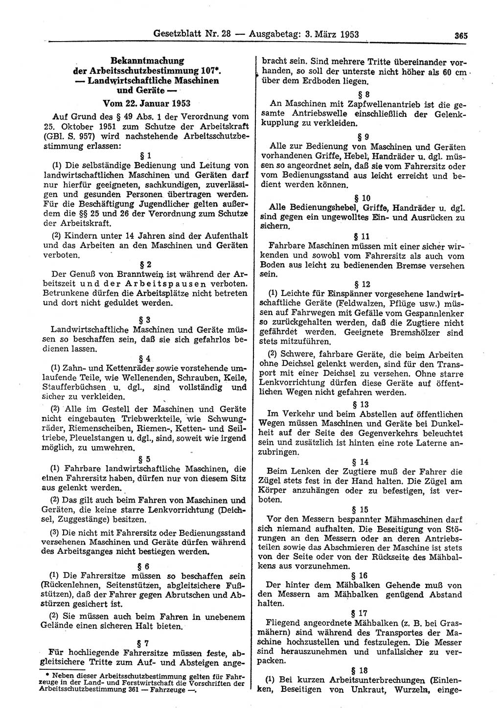 Gesetzblatt (GBl.) der Deutschen Demokratischen Republik (DDR) 1953, Seite 365 (GBl. DDR 1953, S. 365)