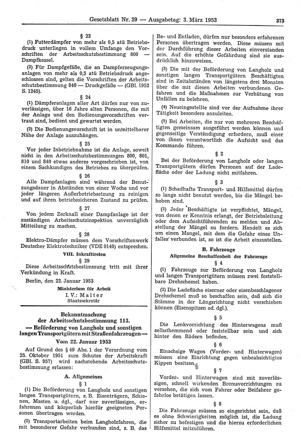 Gesetzblatt (GBl.) der Deutschen Demokratischen Republik (DDR) 1953, Seite 373 (GBl. DDR 1953, S. 373)