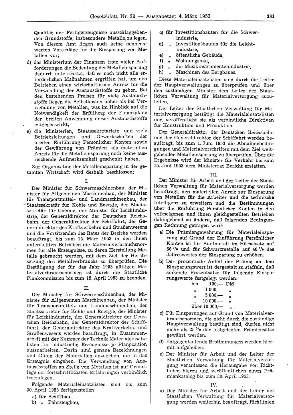 Gesetzblatt (GBl.) der Deutschen Demokratischen Republik (DDR) 1953, Seite 381 (GBl. DDR 1953, S. 381)