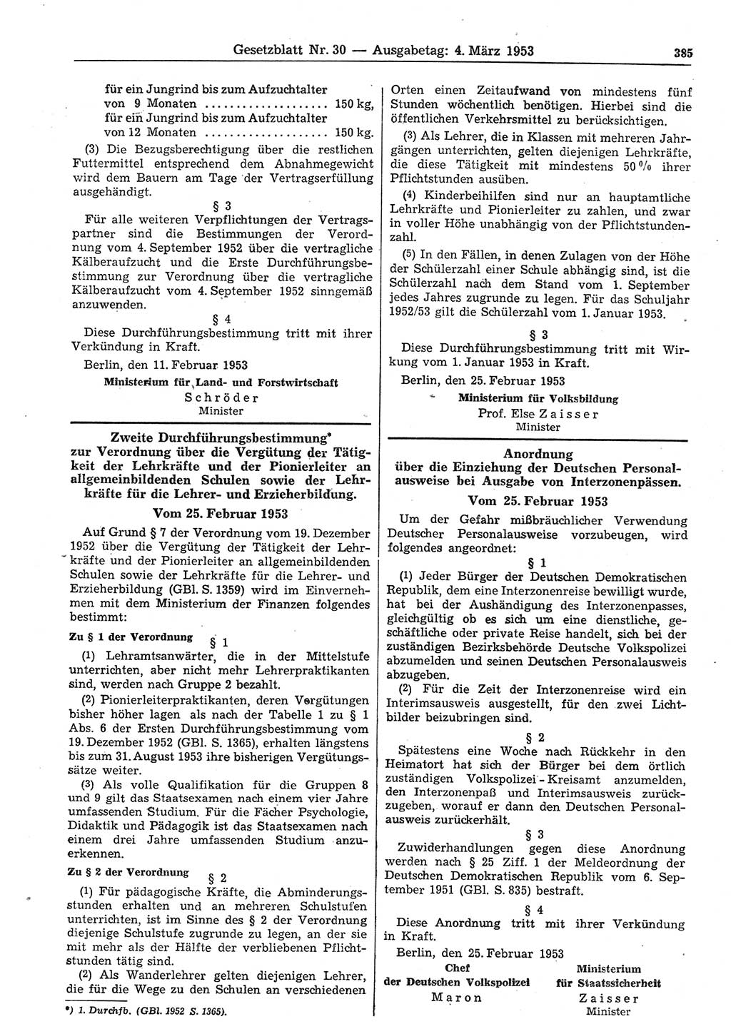 Gesetzblatt (GBl.) der Deutschen Demokratischen Republik (DDR) 1953, Seite 385 (GBl. DDR 1953, S. 385)