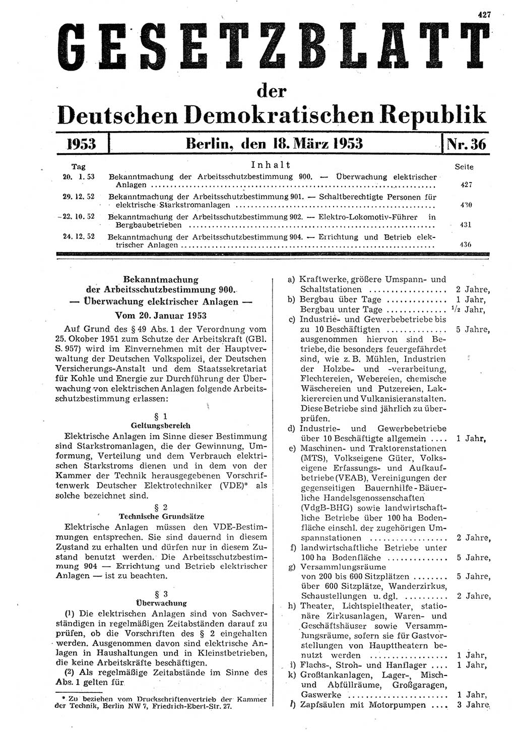 Gesetzblatt (GBl.) der Deutschen Demokratischen Republik (DDR) 1953, Seite 427 (GBl. DDR 1953, S. 427)