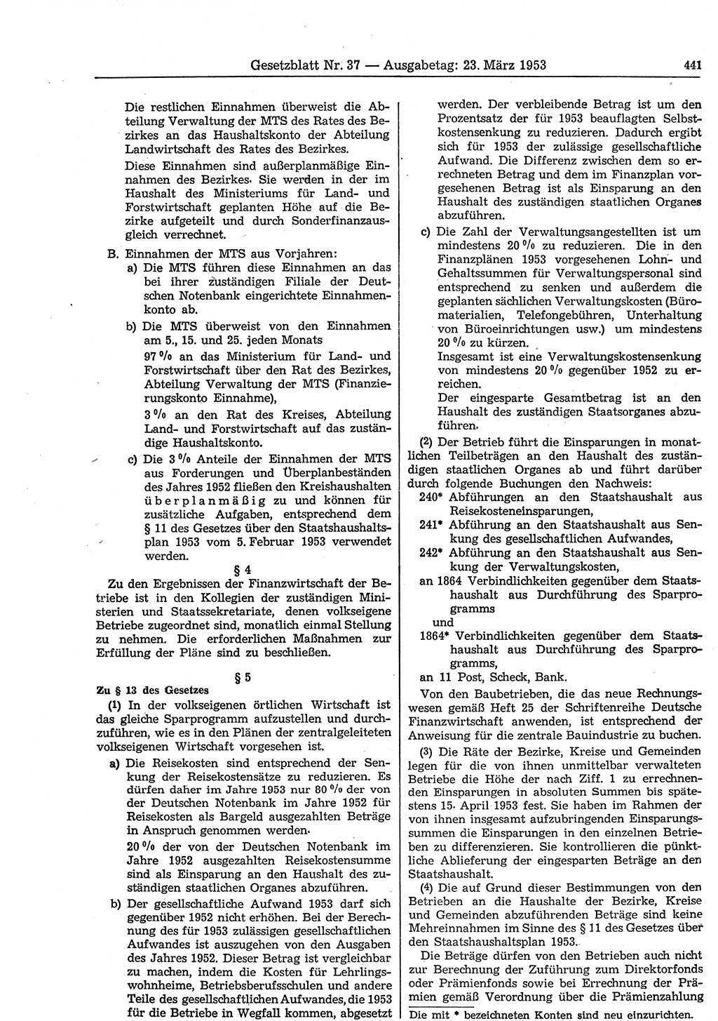 Gesetzblatt (GBl.) der Deutschen Demokratischen Republik (DDR) 1953, Seite 441 (GBl. DDR 1953, S. 441)