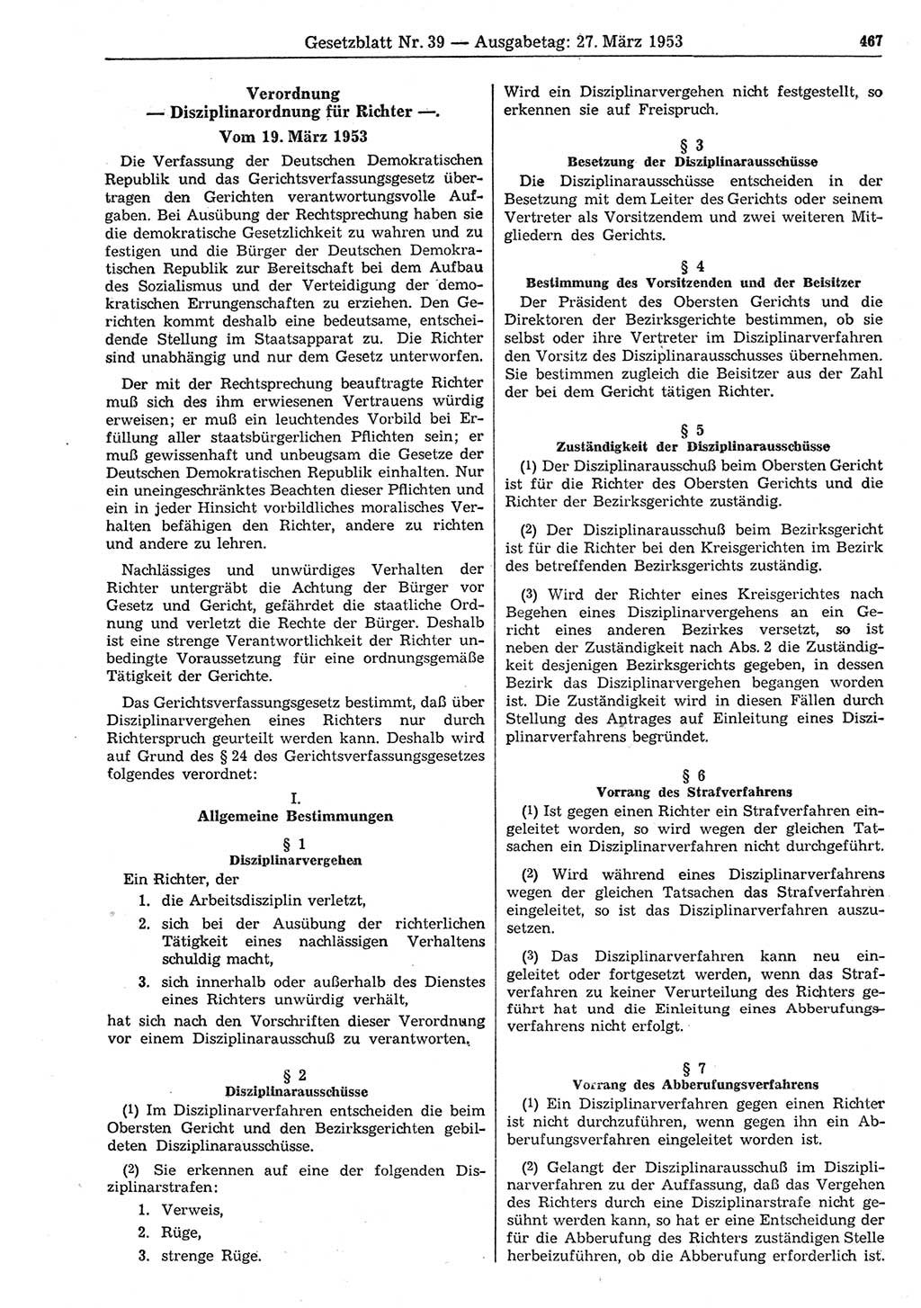 Gesetzblatt (GBl.) der Deutschen Demokratischen Republik (DDR) 1953, Seite 467 (GBl. DDR 1953, S. 467)