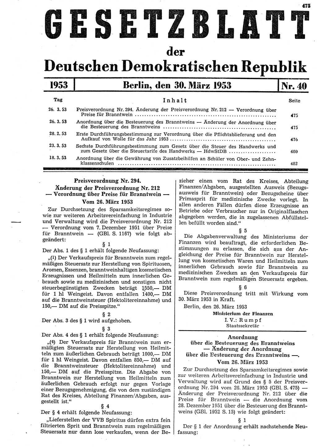 Gesetzblatt (GBl.) der Deutschen Demokratischen Republik (DDR) 1953, Seite 475 (GBl. DDR 1953, S. 475)