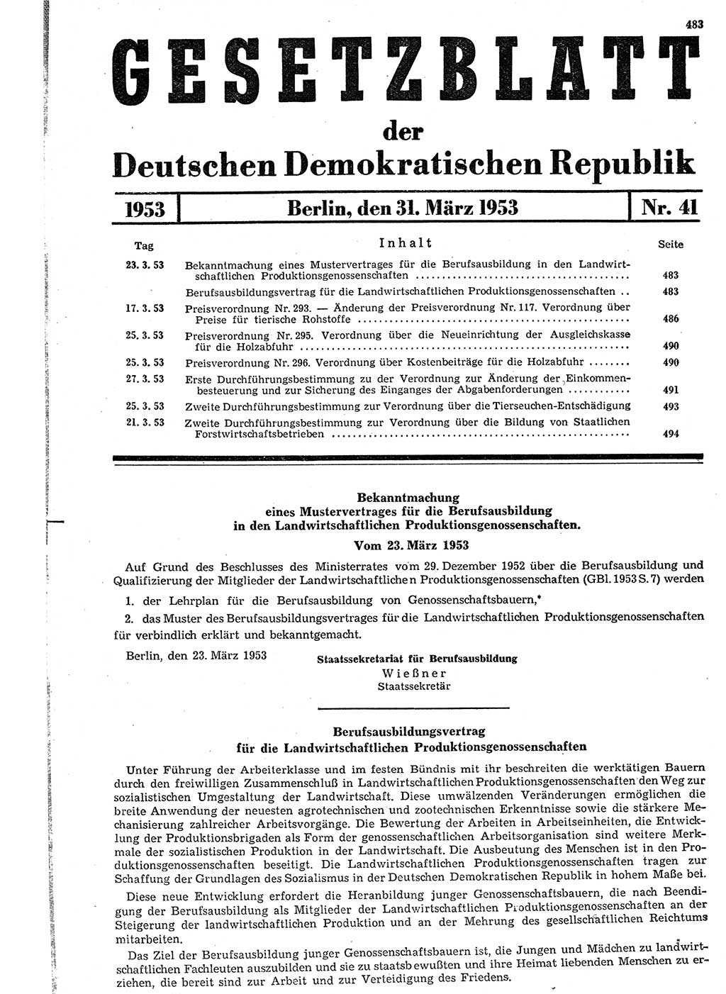Gesetzblatt (GBl.) der Deutschen Demokratischen Republik (DDR) 1953, Seite 483 (GBl. DDR 1953, S. 483)