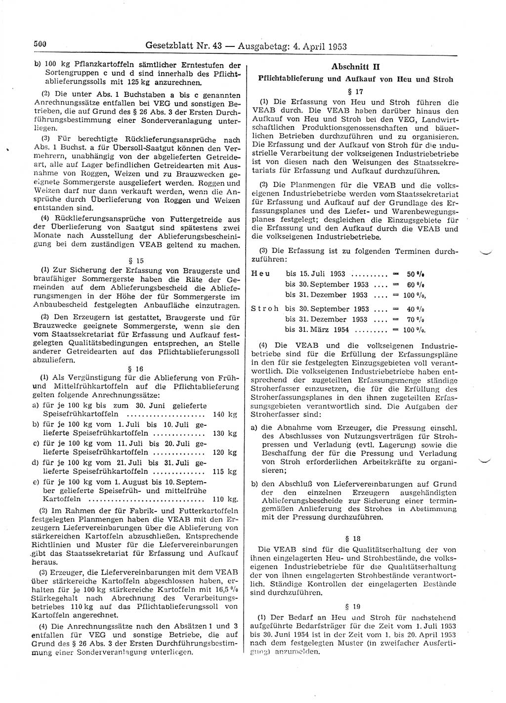 Gesetzblatt (GBl.) der Deutschen Demokratischen Republik (DDR) 1953, Seite 500 (GBl. DDR 1953, S. 500)