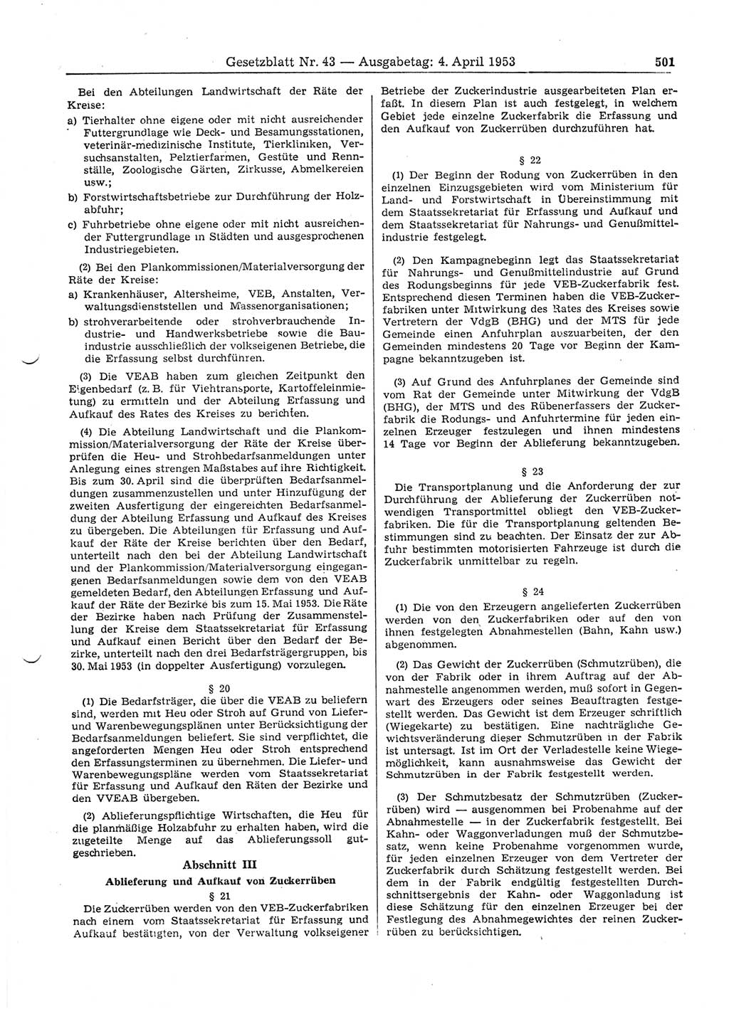 Gesetzblatt (GBl.) der Deutschen Demokratischen Republik (DDR) 1953, Seite 501 (GBl. DDR 1953, S. 501)