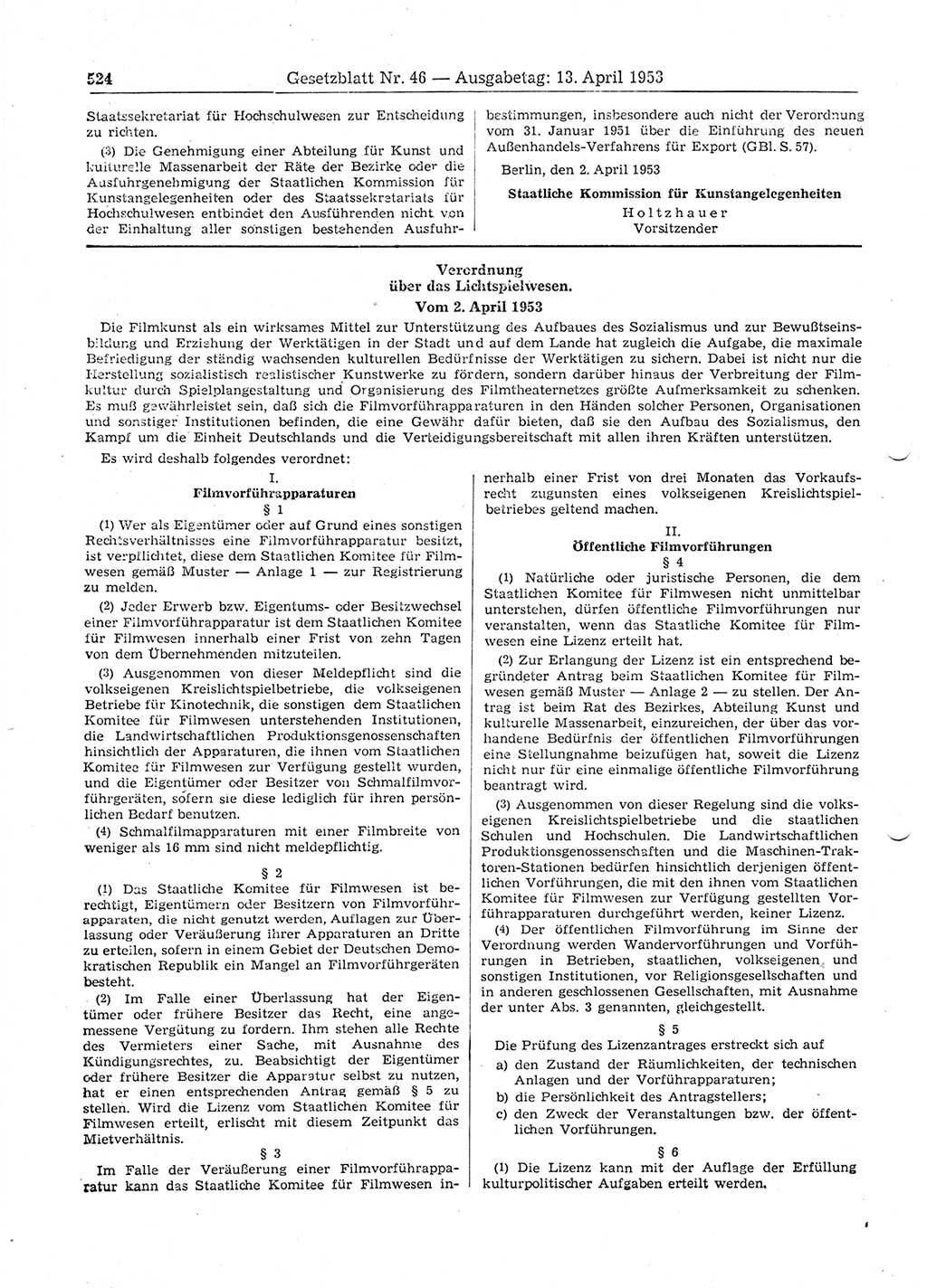 Gesetzblatt (GBl.) der Deutschen Demokratischen Republik (DDR) 1953, Seite 524 (GBl. DDR 1953, S. 524)