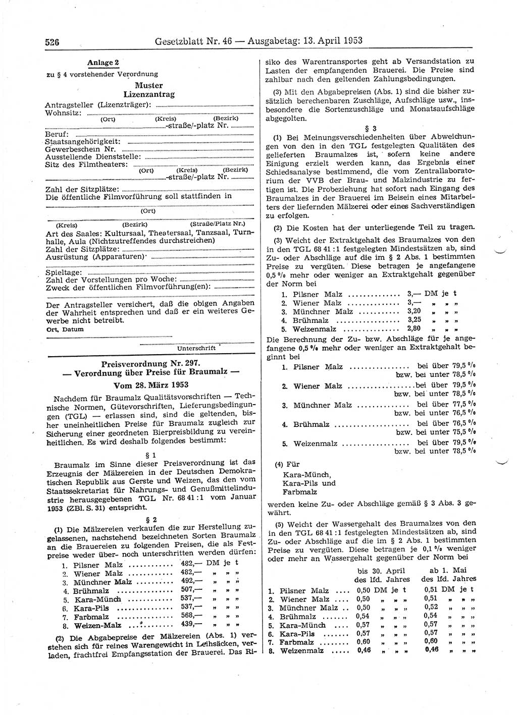 Gesetzblatt (GBl.) der Deutschen Demokratischen Republik (DDR) 1953, Seite 526 (GBl. DDR 1953, S. 526)
