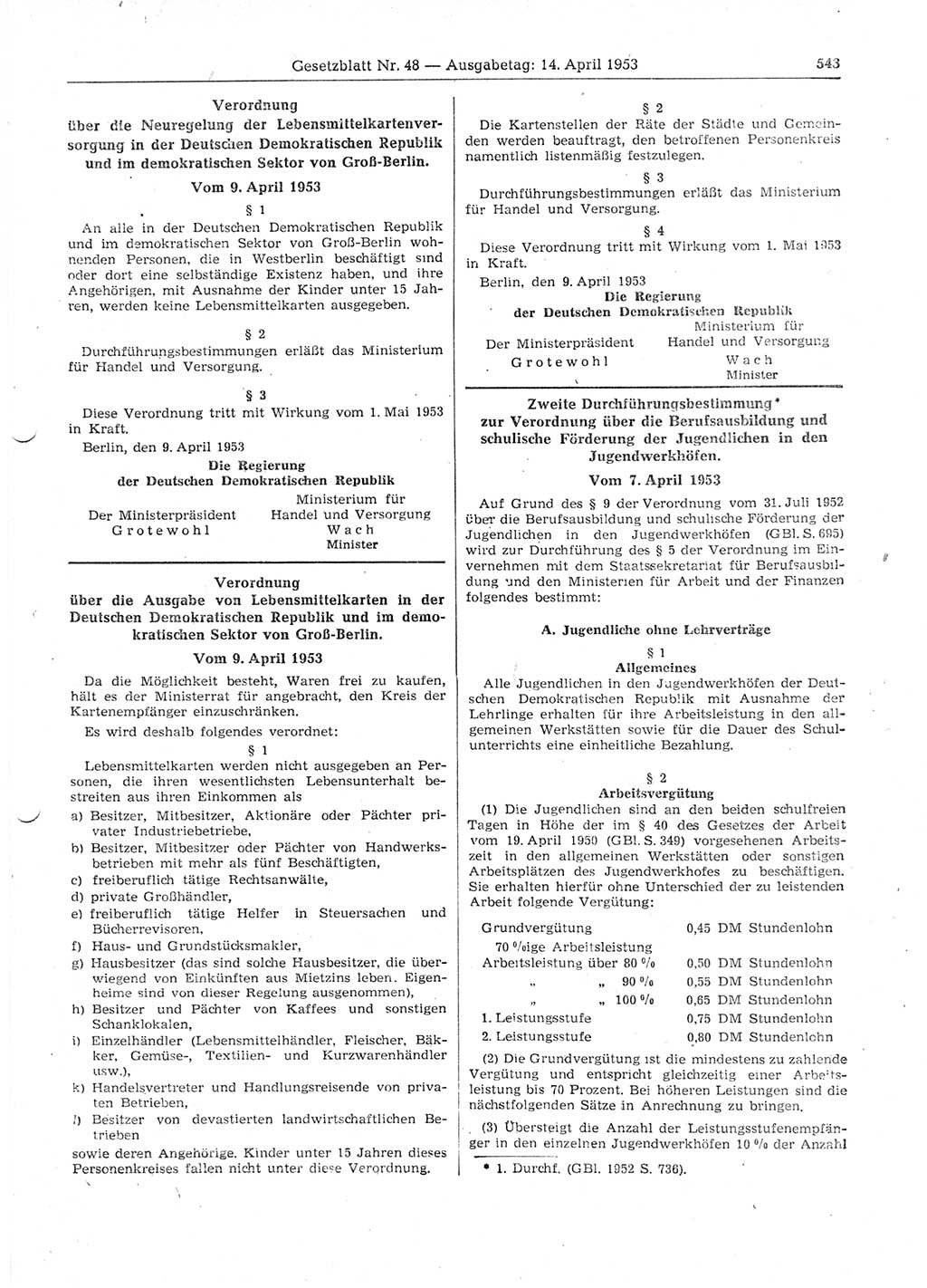 Gesetzblatt (GBl.) der Deutschen Demokratischen Republik (DDR) 1953, Seite 543 (GBl. DDR 1953, S. 543)