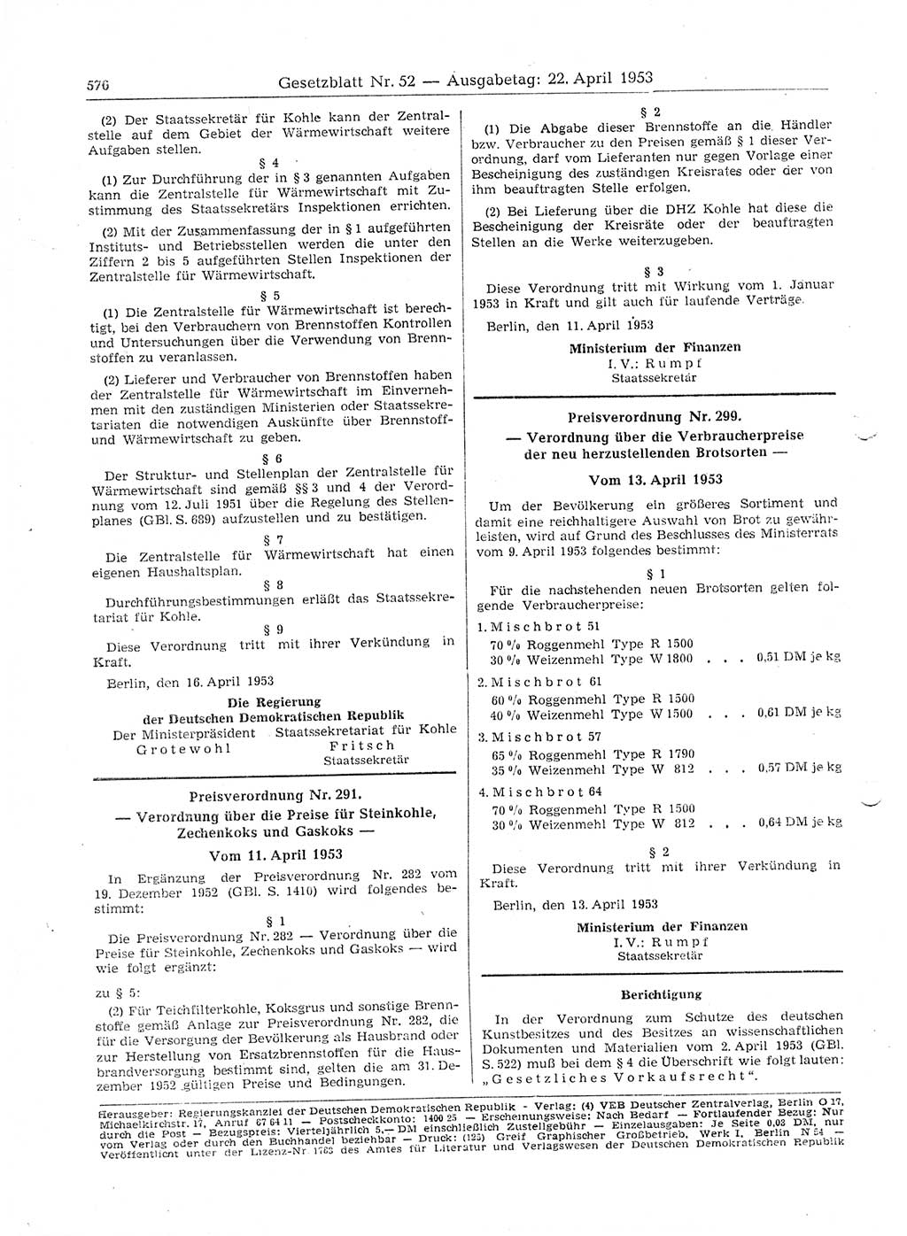 Gesetzblatt (GBl.) der Deutschen Demokratischen Republik (DDR) 1953, Seite 576 (GBl. DDR 1953, S. 576)