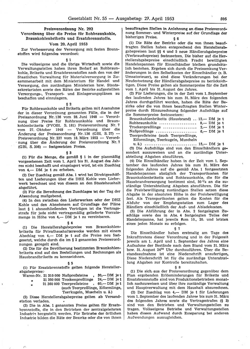 Gesetzblatt (GBl.) der Deutschen Demokratischen Republik (DDR) 1953, Seite 595 (GBl. DDR 1953, S. 595)