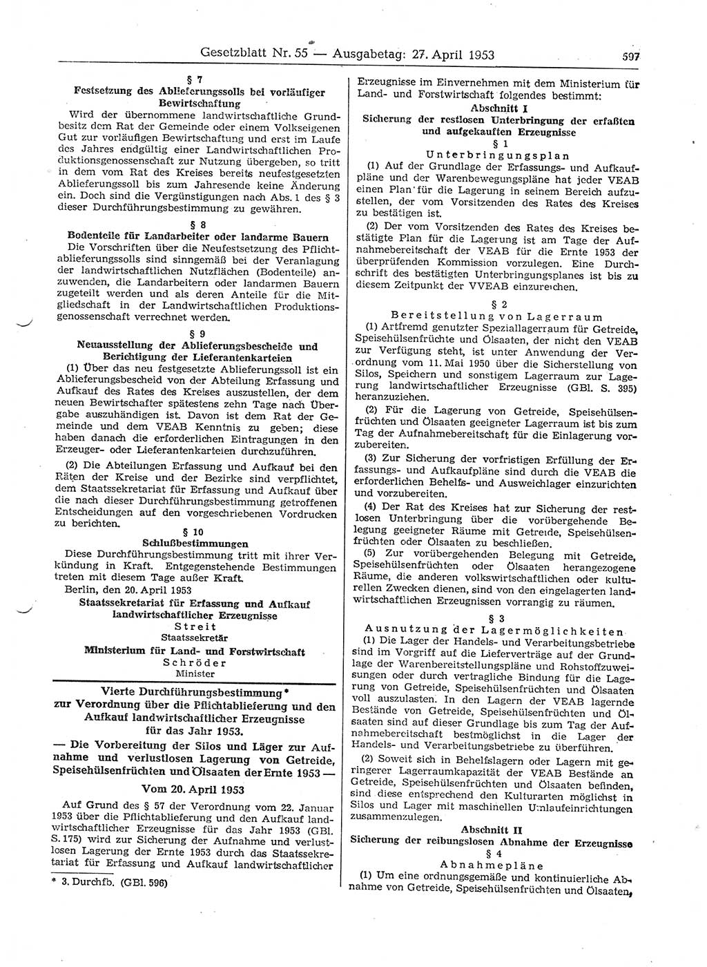 Gesetzblatt (GBl.) der Deutschen Demokratischen Republik (DDR) 1953, Seite 597 (GBl. DDR 1953, S. 597)