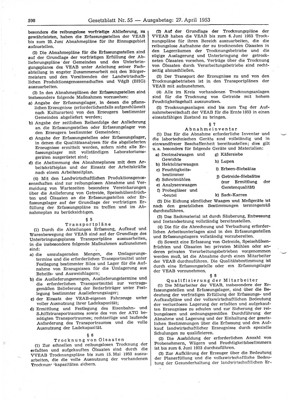 Gesetzblatt (GBl.) der Deutschen Demokratischen Republik (DDR) 1953, Seite 598 (GBl. DDR 1953, S. 598)