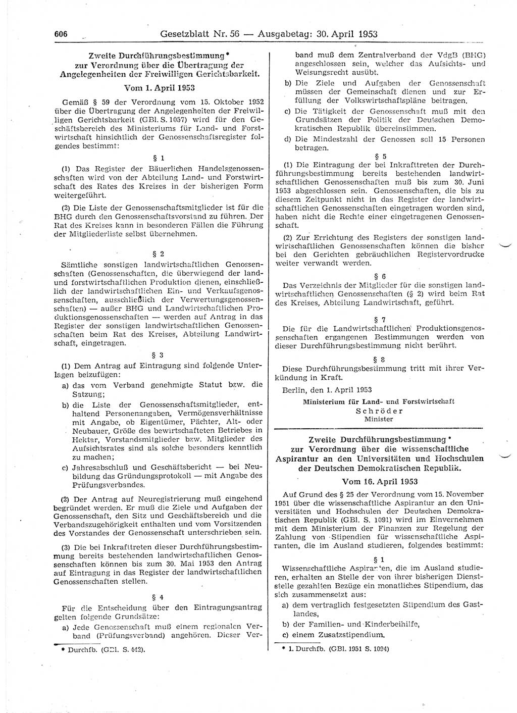 Gesetzblatt (GBl.) der Deutschen Demokratischen Republik (DDR) 1953, Seite 606 (GBl. DDR 1953, S. 606)
