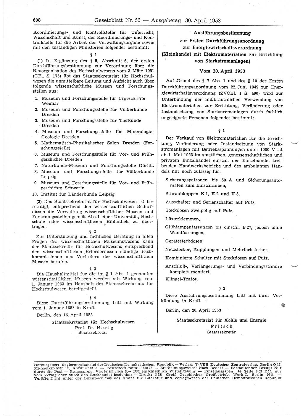 Gesetzblatt (GBl.) der Deutschen Demokratischen Republik (DDR) 1953, Seite 608 (GBl. DDR 1953, S. 608)