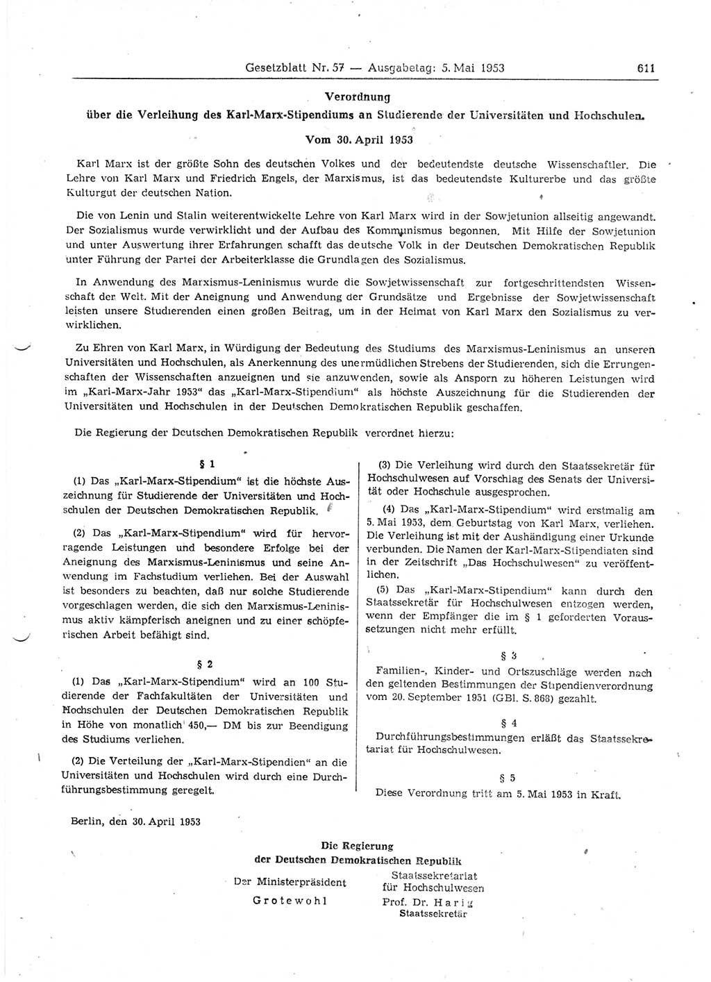 Gesetzblatt (GBl.) der Deutschen Demokratischen Republik (DDR) 1953, Seite 611 (GBl. DDR 1953, S. 611)