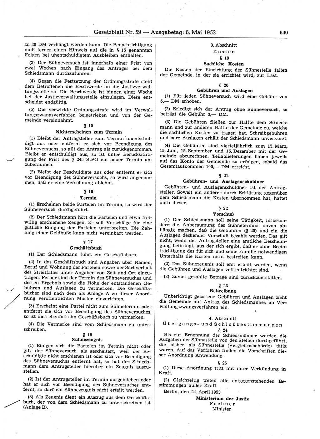 Gesetzblatt (GBl.) der Deutschen Demokratischen Republik (DDR) 1953, Seite 649 (GBl. DDR 1953, S. 649)