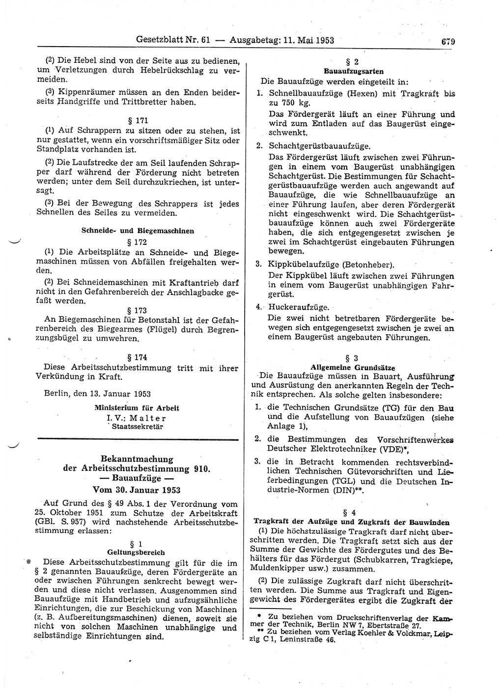 Gesetzblatt (GBl.) der Deutschen Demokratischen Republik (DDR) 1953, Seite 679 (GBl. DDR 1953, S. 679)