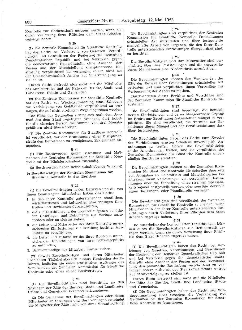 Gesetzblatt (GBl.) der Deutschen Demokratischen Republik (DDR) 1953, Seite 688 (GBl. DDR 1953, S. 688)