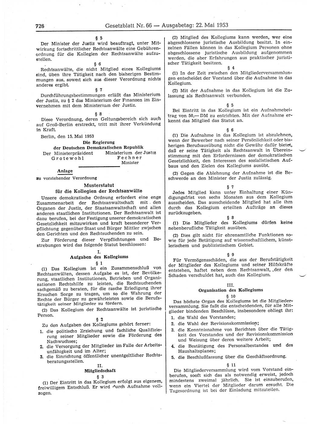 Gesetzblatt (GBl.) der Deutschen Demokratischen Republik (DDR) 1953, Seite 726 (GBl. DDR 1953, S. 726)