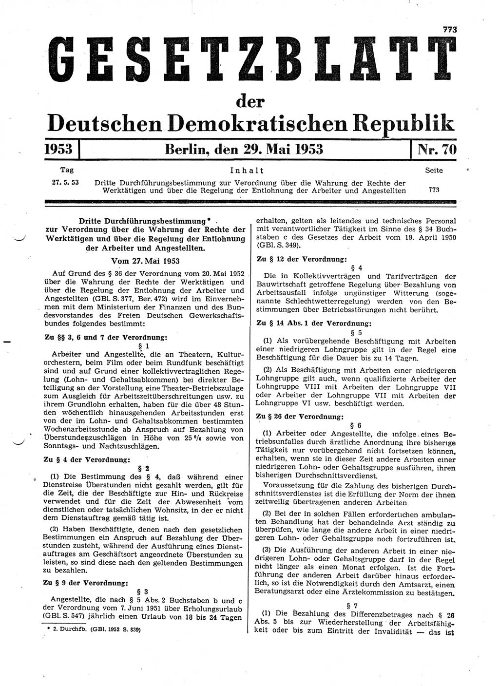 Gesetzblatt (GBl.) der Deutschen Demokratischen Republik (DDR) 1953, Seite 773 (GBl. DDR 1953, S. 773)