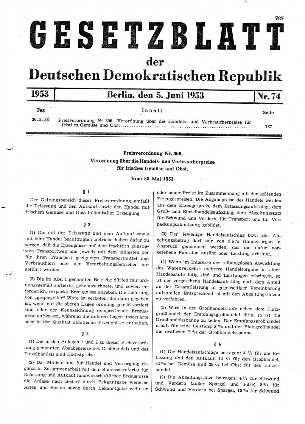 Gesetzblatt (GBl.) der Deutschen Demokratischen Republik (DDR) 1953, Seite 787 (GBl. DDR 1953, S. 787)