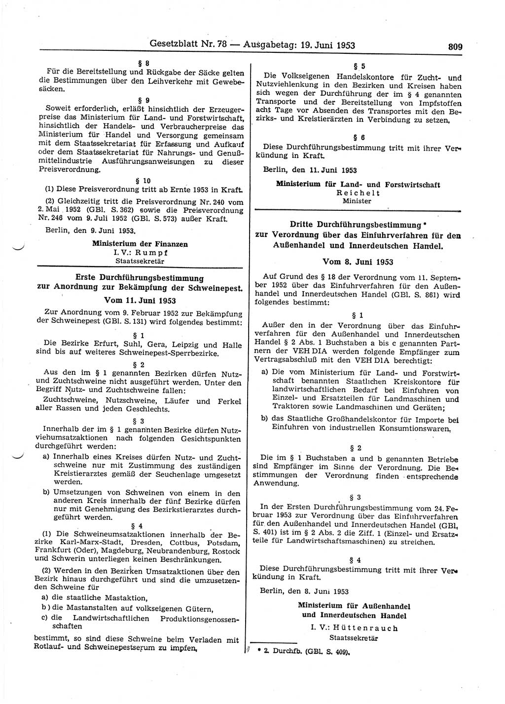 Gesetzblatt (GBl.) der Deutschen Demokratischen Republik (DDR) 1953, Seite 809 (GBl. DDR 1953, S. 809)