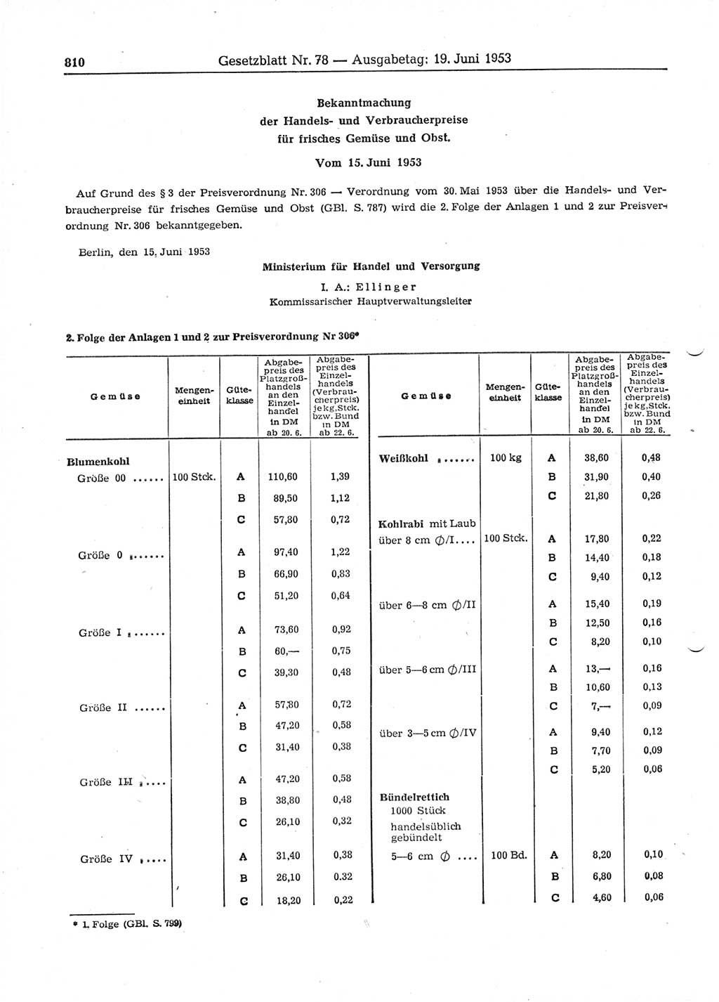 Gesetzblatt (GBl.) der Deutschen Demokratischen Republik (DDR) 1953, Seite 810 (GBl. DDR 1953, S. 810)