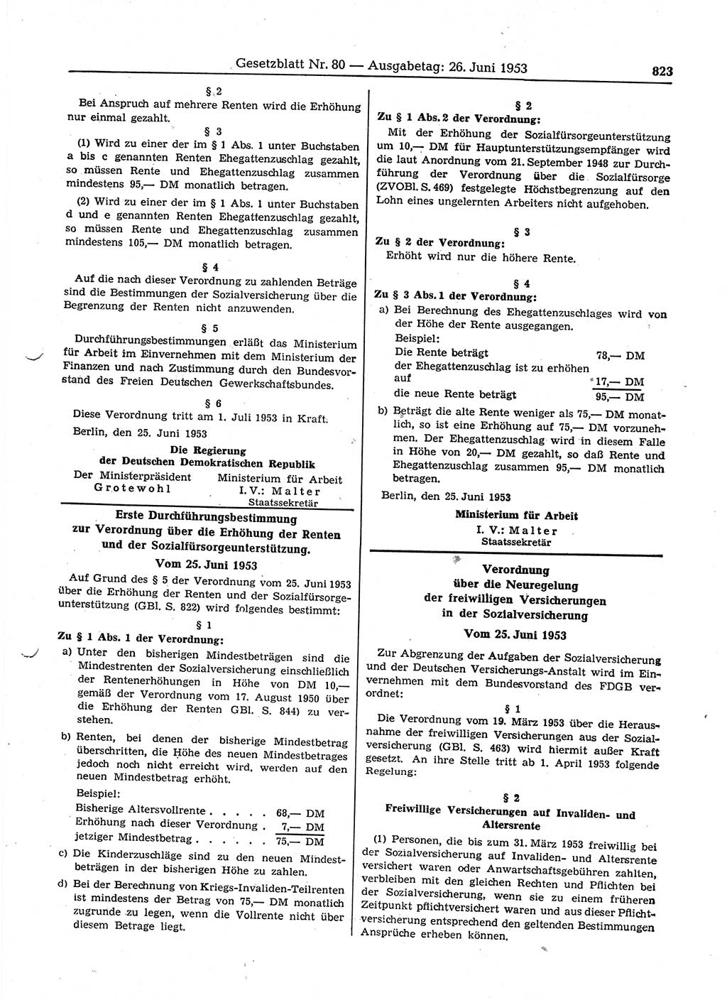 Gesetzblatt (GBl.) der Deutschen Demokratischen Republik (DDR) 1953, Seite 823 (GBl. DDR 1953, S. 823)