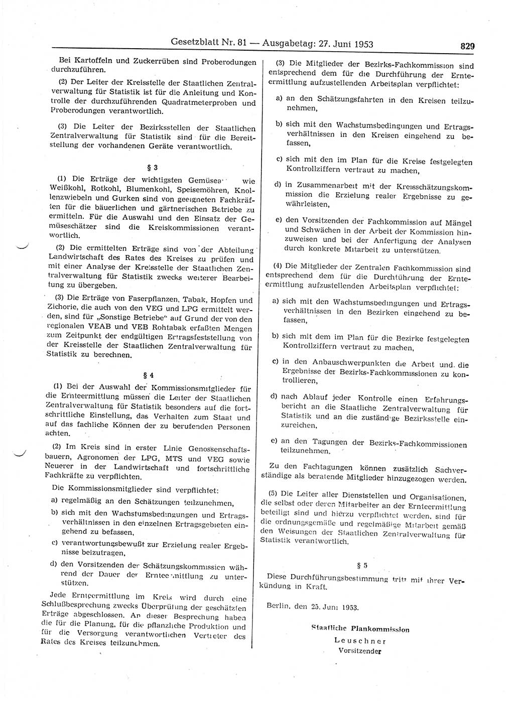 Gesetzblatt (GBl.) der Deutschen Demokratischen Republik (DDR) 1953, Seite 829 (GBl. DDR 1953, S. 829)