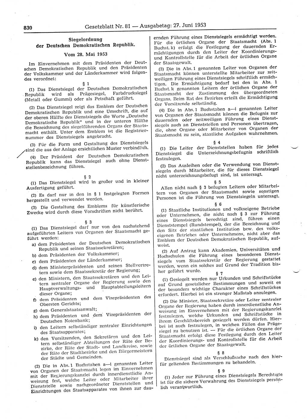 Gesetzblatt (GBl.) der Deutschen Demokratischen Republik (DDR) 1953, Seite 830 (GBl. DDR 1953, S. 830)