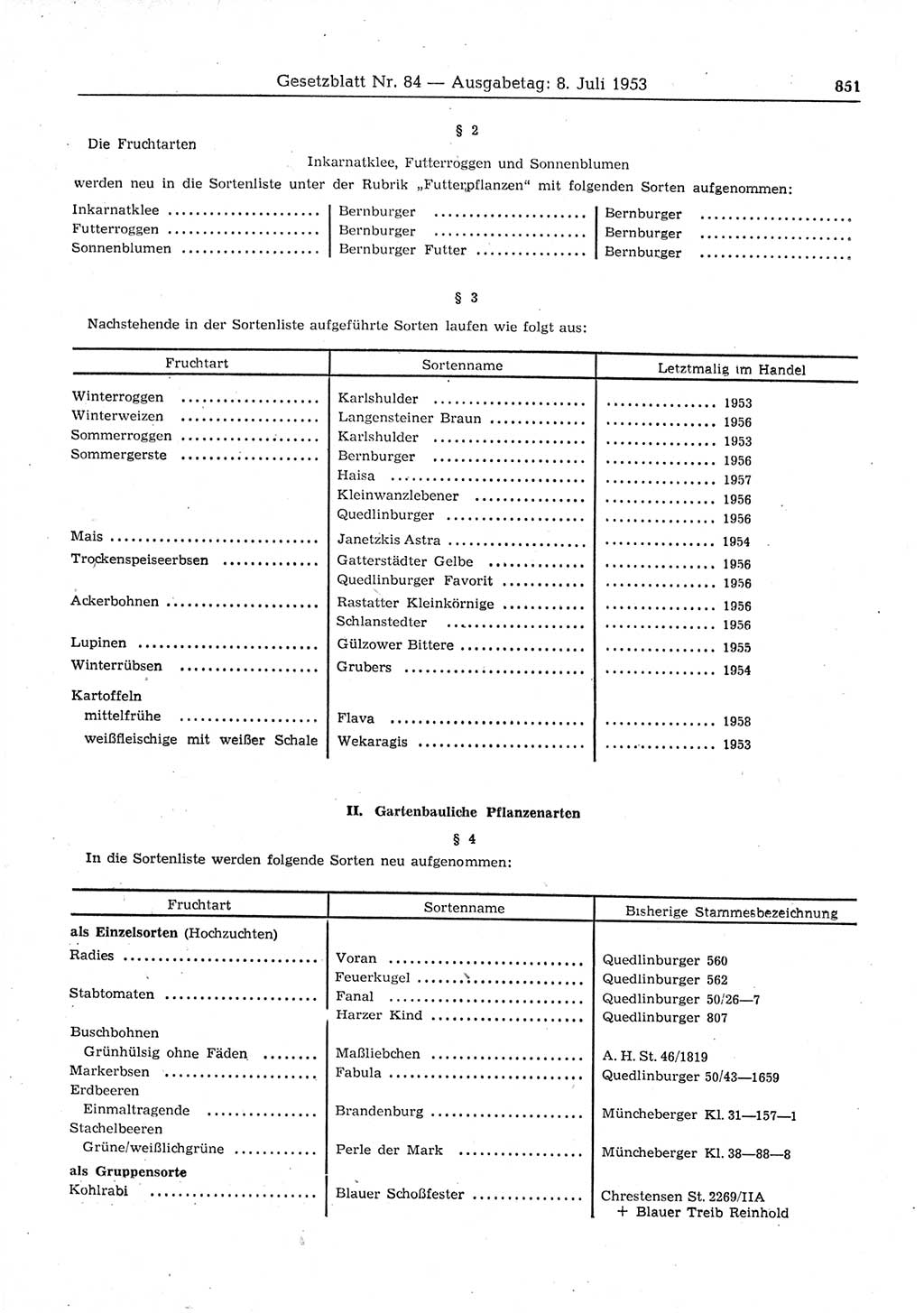 Gesetzblatt (GBl.) der Deutschen Demokratischen Republik (DDR) 1953, Seite 851 (GBl. DDR 1953, S. 851)