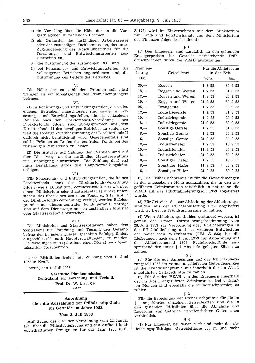 Gesetzblatt (GBl.) der Deutschen Demokratischen Republik (DDR) 1953, Seite 862 (GBl. DDR 1953, S. 862)