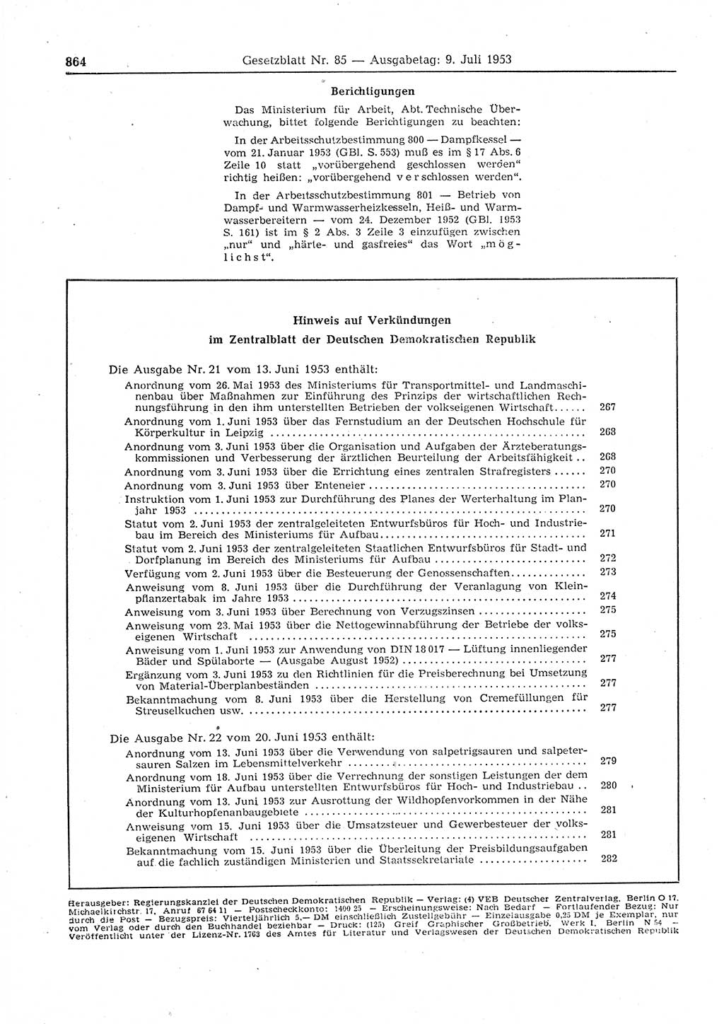 Gesetzblatt (GBl.) der Deutschen Demokratischen Republik (DDR) 1953, Seite 864 (GBl. DDR 1953, S. 864)