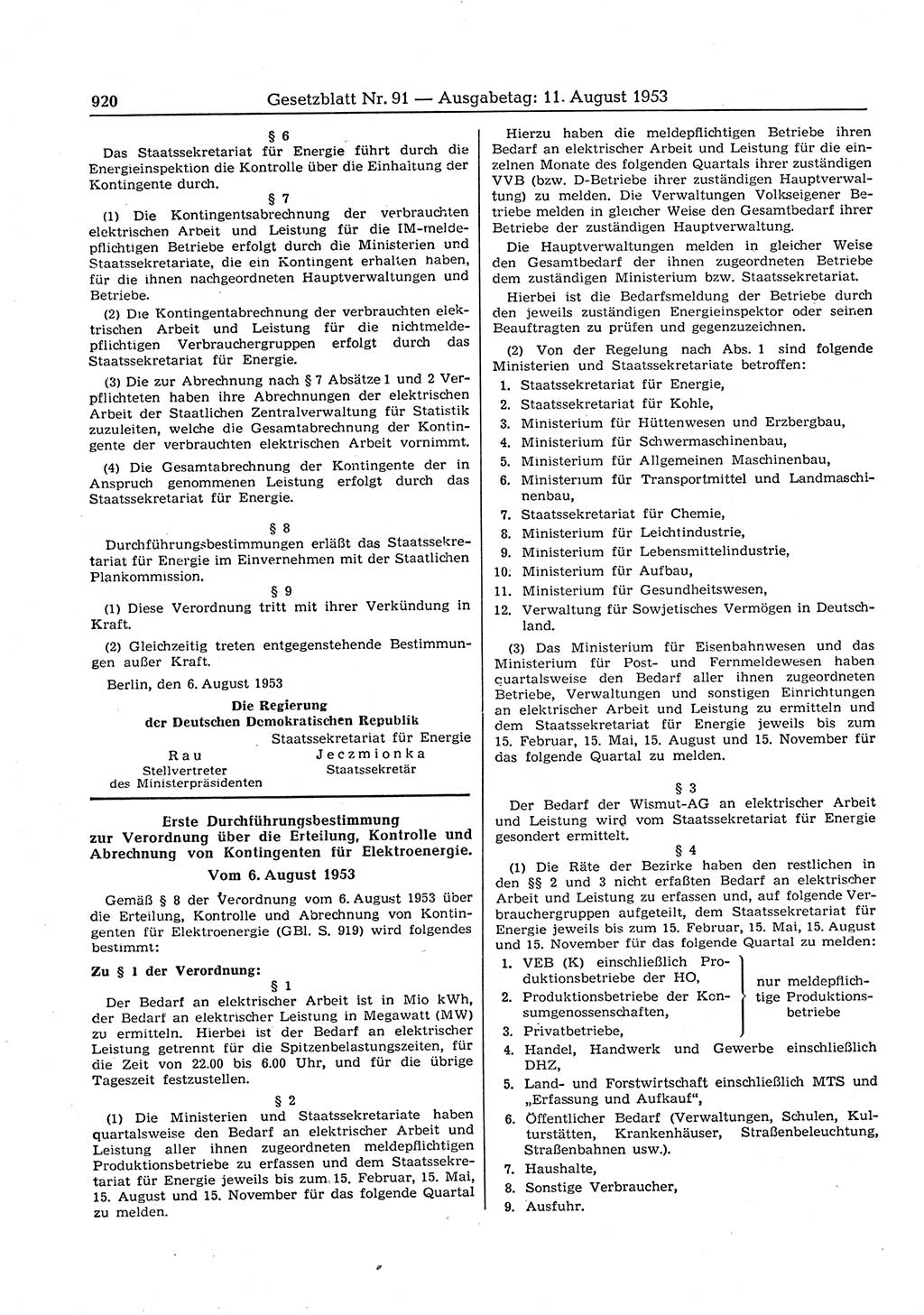 Gesetzblatt (GBl.) der Deutschen Demokratischen Republik (DDR) 1953, Seite 920 (GBl. DDR 1953, S. 920)