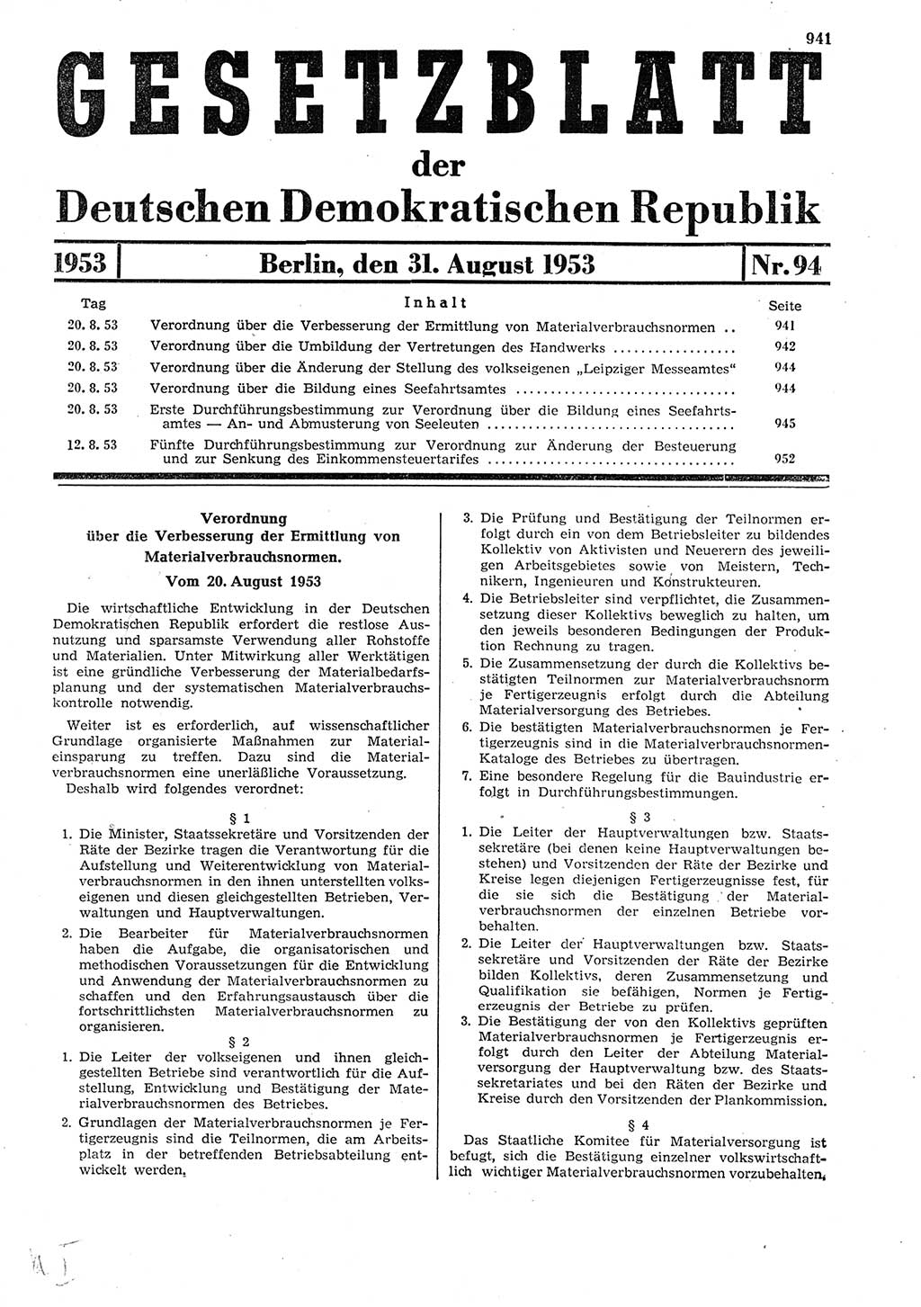 Gesetzblatt (GBl.) der Deutschen Demokratischen Republik (DDR) 1953, Seite 941 (GBl. DDR 1953, S. 941)