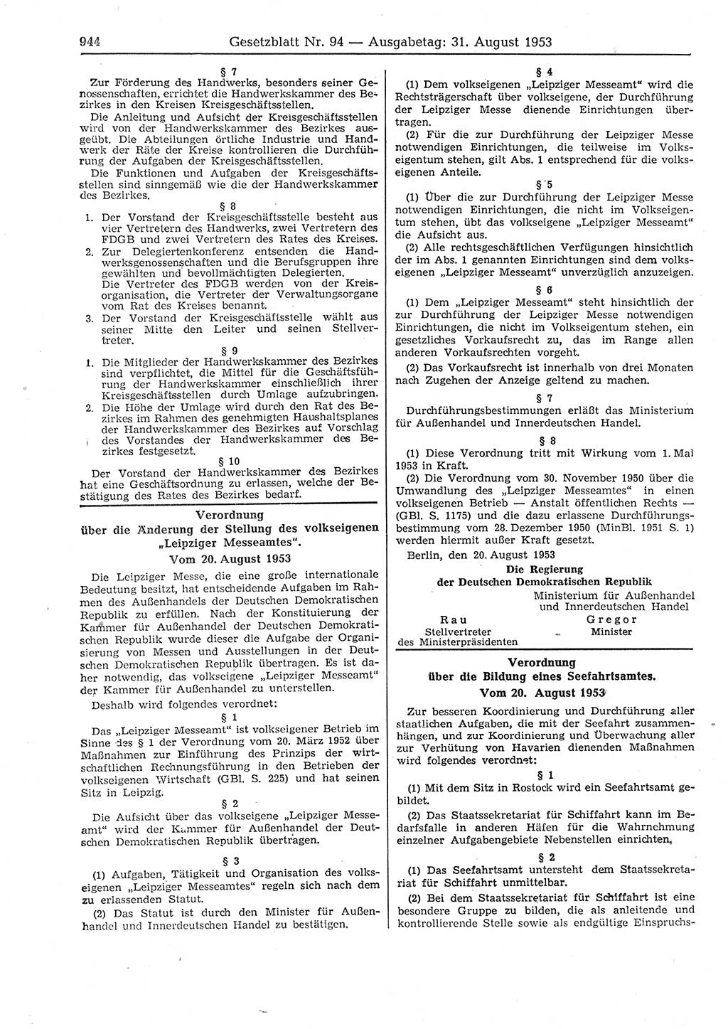 Gesetzblatt (GBl.) der Deutschen Demokratischen Republik (DDR) 1953, Seite 944 (GBl. DDR 1953, S. 944)