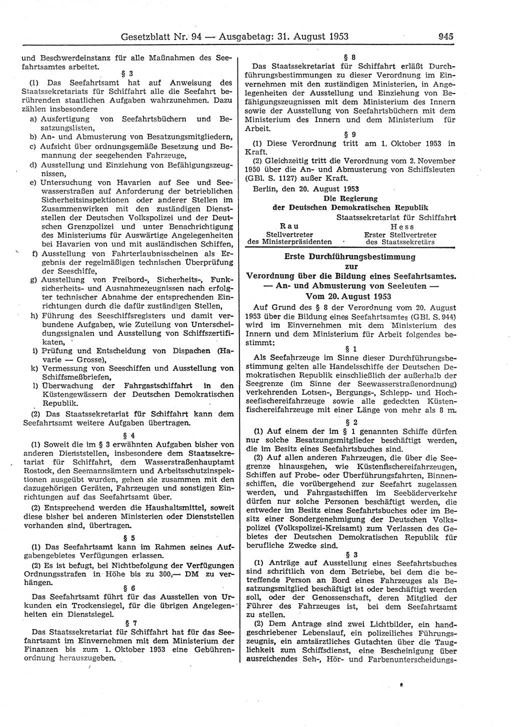 Gesetzblatt (GBl.) der Deutschen Demokratischen Republik (DDR) 1953, Seite 945 (GBl. DDR 1953, S. 945)
